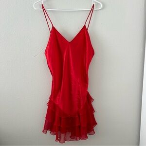 VTG Beth Michaels Red Satin Slip Dress Chiffon Ruffle Bow Babydoll Chemise Sz S